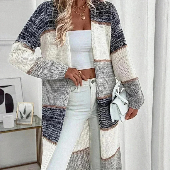 Multicolor Casual Women's Patchwork Loose Dual Pocket Long Cardigan - Picture 3 of 6